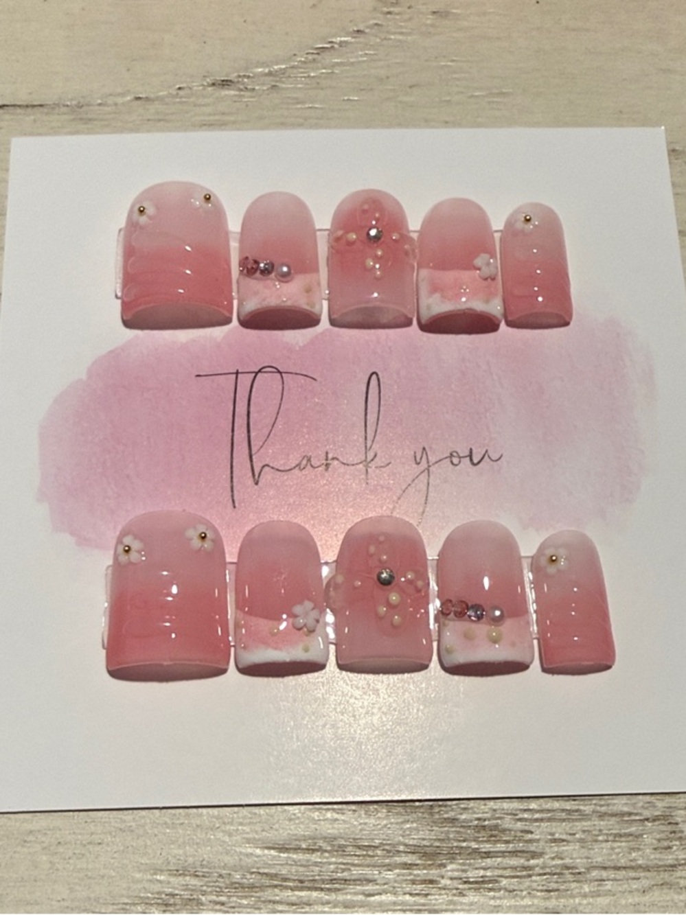 Blossom Pink Press-On Nail Set with Rhinestone & Floral Accents